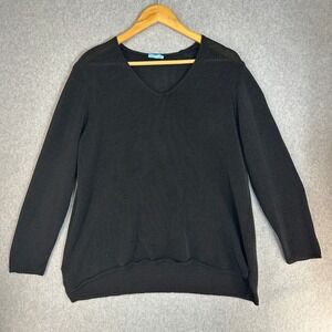 J‎ McLaughlin Womens XL Black V-Neck Open Knit Cotton Blend Sweater High Low Hem